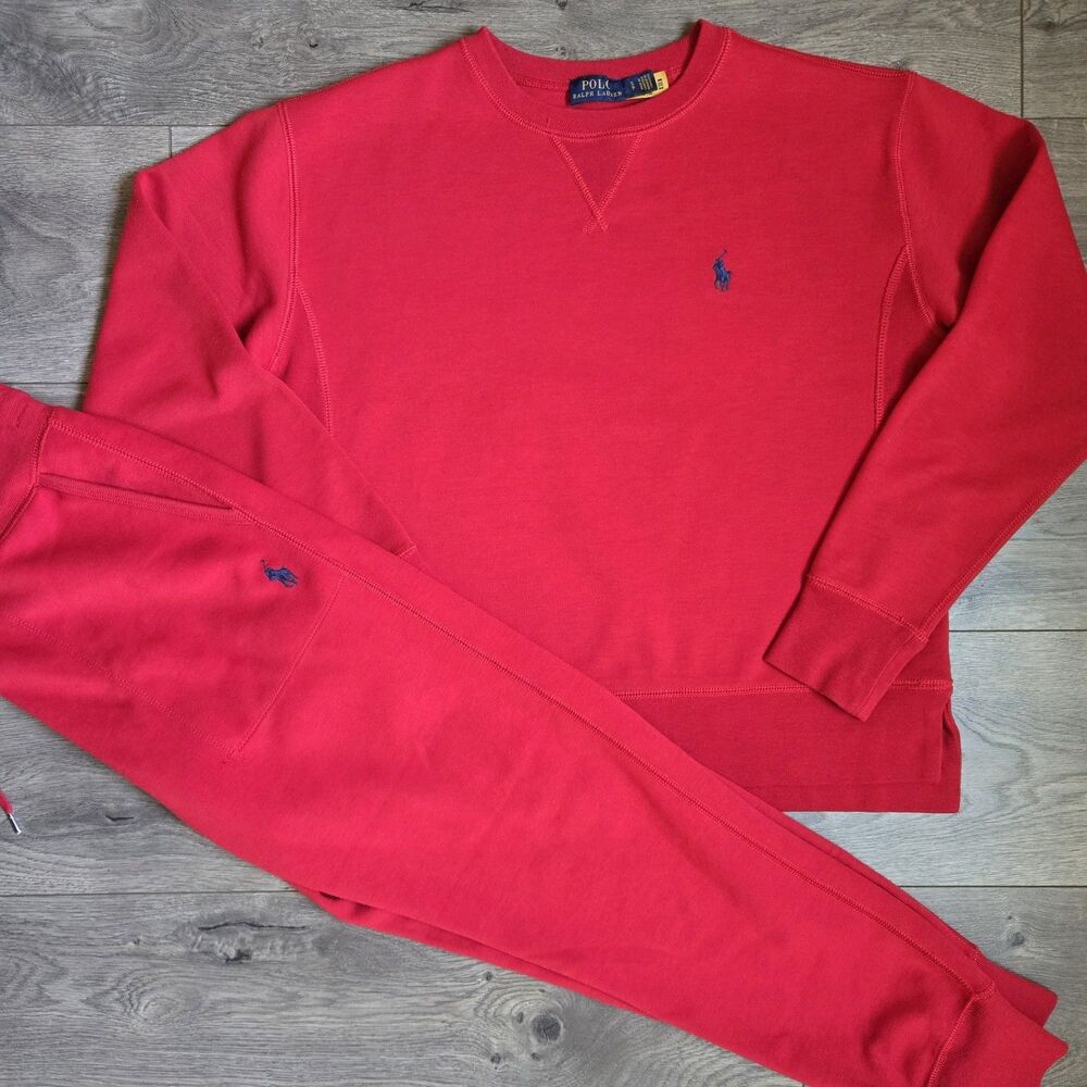 Polo Ralph Lauren Tracksuit Youth Boys S Red Sweatshirt Joggers Double Knit 2 pc